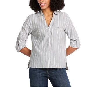Kut From The Kloth Blue Stripe Button Up Roll Tab Sleeve Blouse